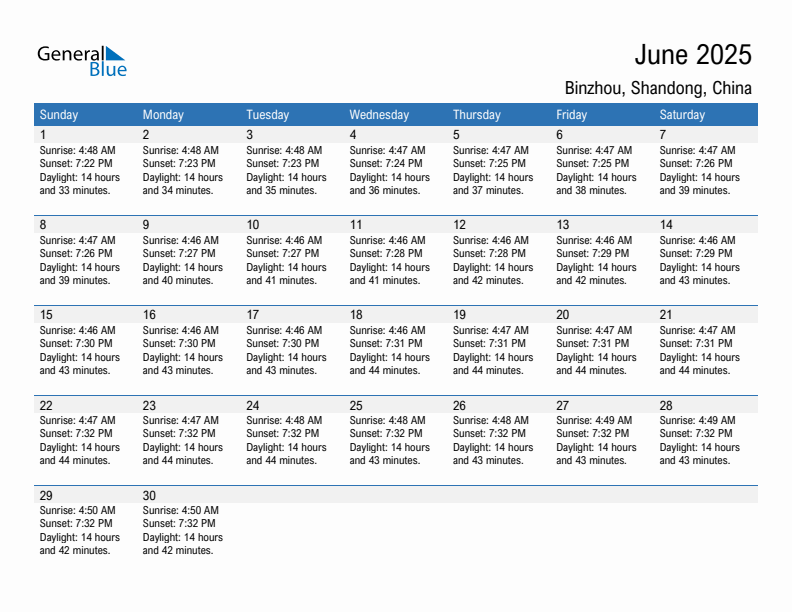 Binzhou June 2025 sunrise and sunset calendar in PDF, Excel, and Word