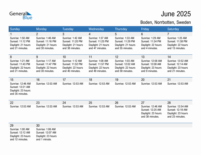 Boden June 2025 sunrise and sunset calendar in PDF, Excel, and Word