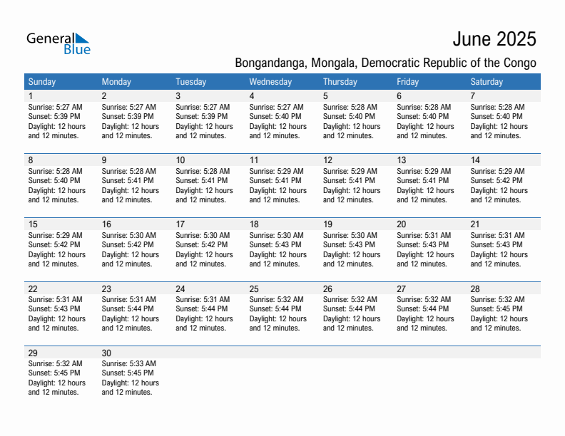 Bongandanga June 2025 sunrise and sunset calendar in PDF, Excel, and Word