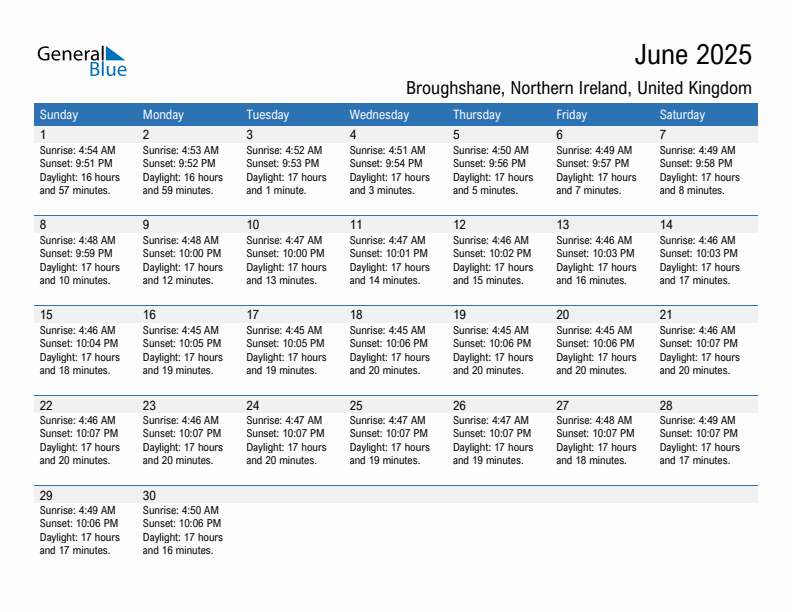 Broughshane June 2025 sunrise and sunset calendar in PDF, Excel, and Word