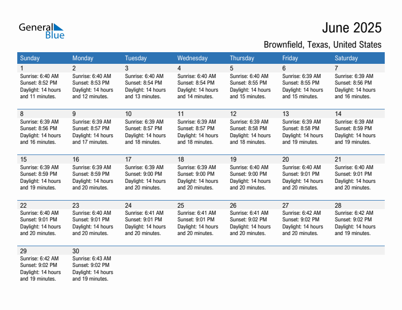 Brownfield June 2025 sunrise and sunset calendar in PDF, Excel, and Word