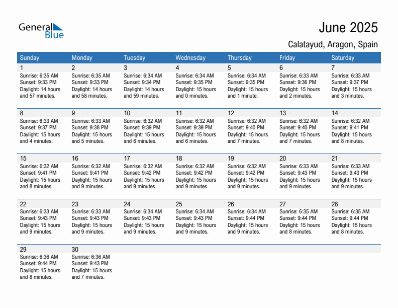 Calatayud June 2025 sunrise and sunset calendar in PDF, Excel, and Word