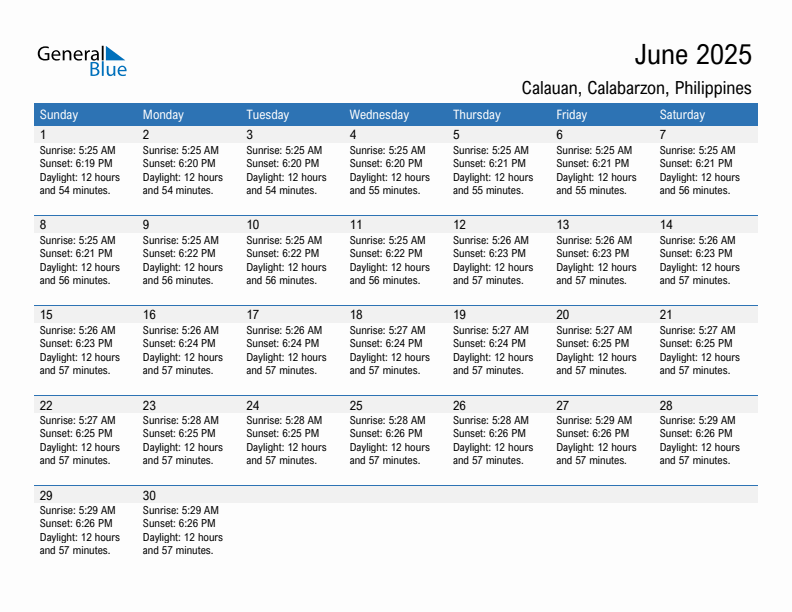 Calauan June 2025 sunrise and sunset calendar in PDF, Excel, and Word