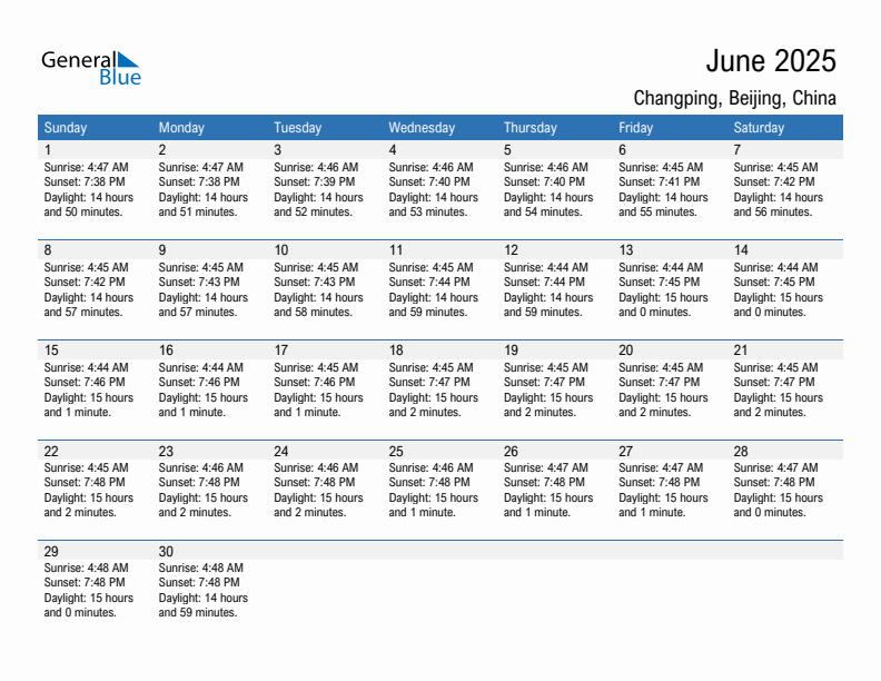 Changping June 2025 sunrise and sunset calendar in PDF, Excel, and Word