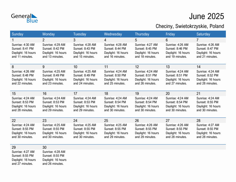 Checiny June 2025 sunrise and sunset calendar in PDF, Excel, and Word