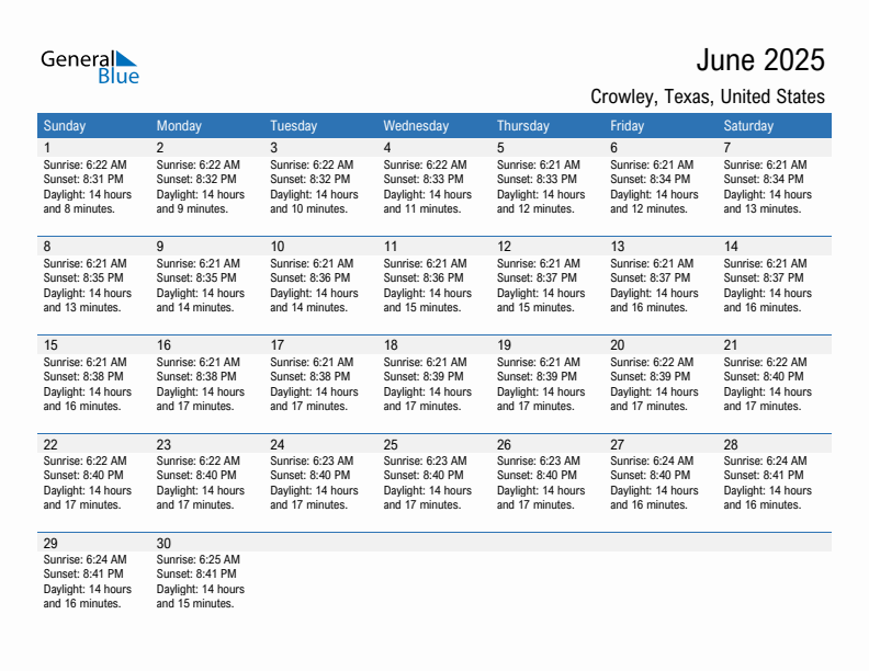 Crowley June 2025 sunrise and sunset calendar in PDF, Excel, and Word