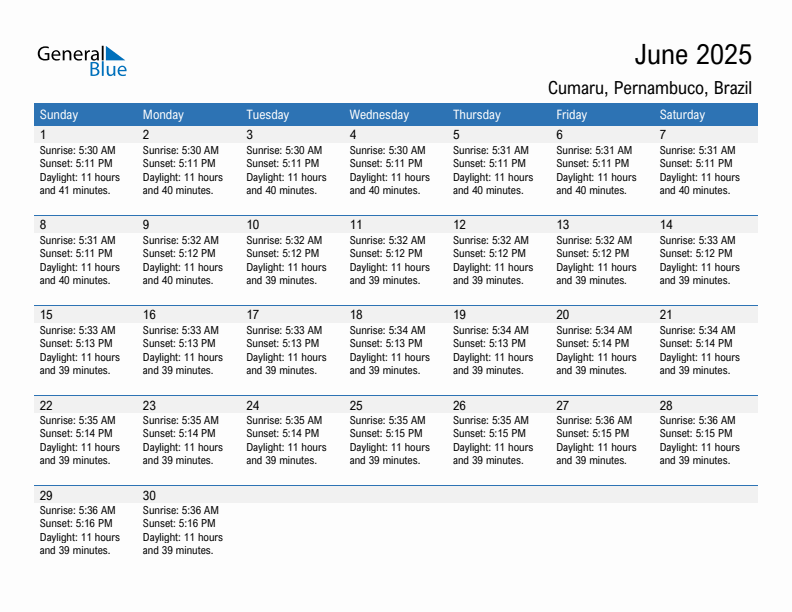 Cumaru June 2025 sunrise and sunset calendar in PDF, Excel, and Word