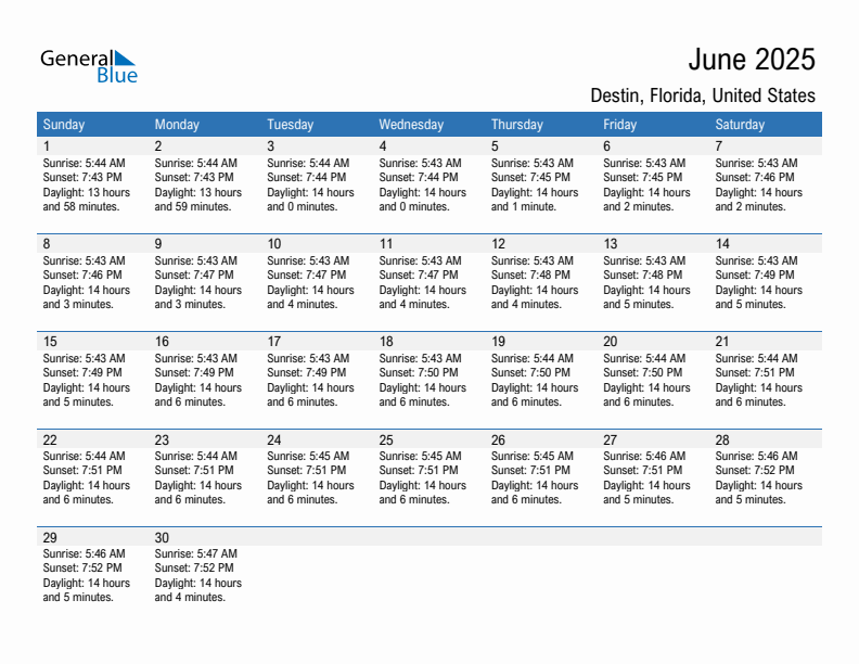 Destin June 2025 sunrise and sunset calendar in PDF, Excel, and Word