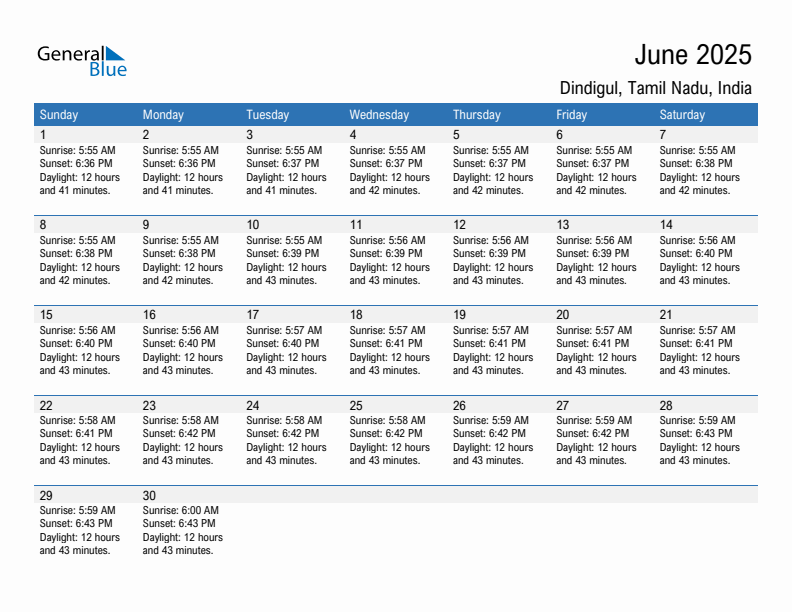 Dindigul June 2025 sunrise and sunset calendar in PDF, Excel, and Word