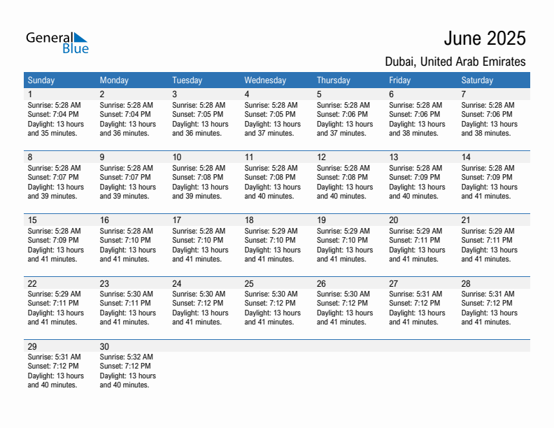 Dubai June 2025 sunrise and sunset calendar in PDF, Excel, and Word