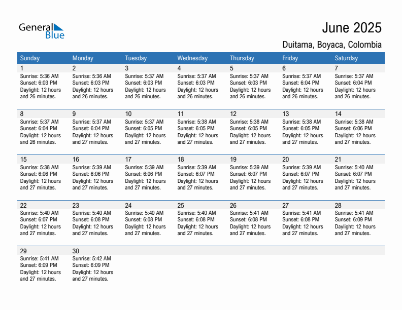 Duitama June 2025 sunrise and sunset calendar in PDF, Excel, and Word