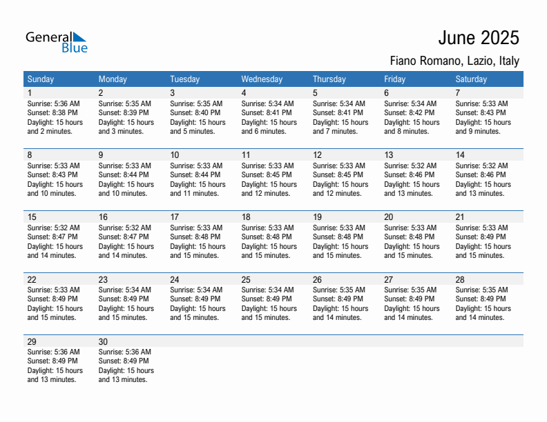 Fiano Romano June 2025 sunrise and sunset calendar in PDF, Excel, and Word