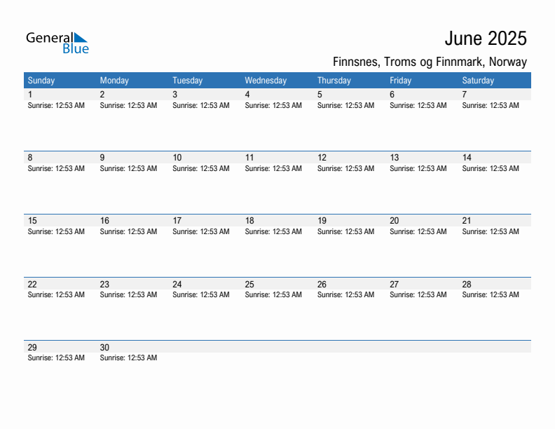 Finnsnes June 2025 sunrise and sunset calendar in PDF, Excel, and Word