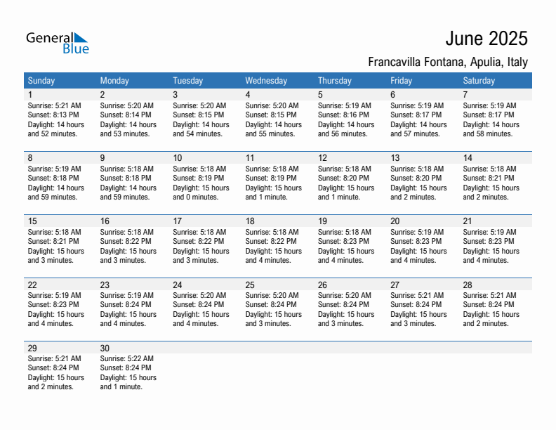 Francavilla Fontana June 2025 sunrise and sunset calendar in PDF, Excel, and Word