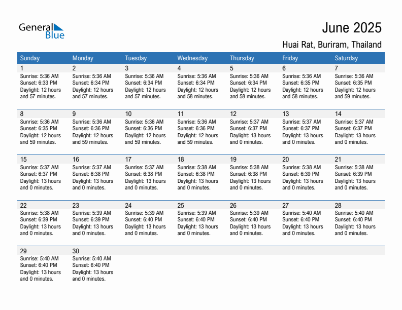 Huai Rat June 2025 sunrise and sunset calendar in PDF, Excel, and Word