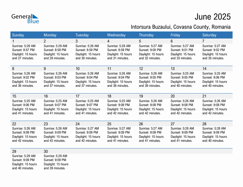 Intorsura Buzaului June 2025 sunrise and sunset calendar in PDF, Excel, and Word