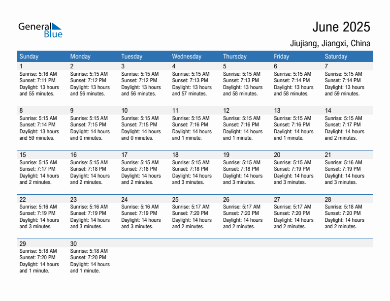 Jiujiang June 2025 sunrise and sunset calendar in PDF, Excel, and Word