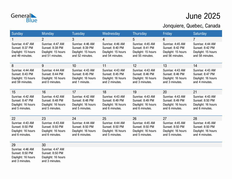 Jonquiere June 2025 sunrise and sunset calendar in PDF, Excel, and Word