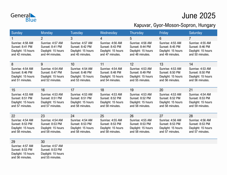 Kapuvar June 2025 sunrise and sunset calendar in PDF, Excel, and Word