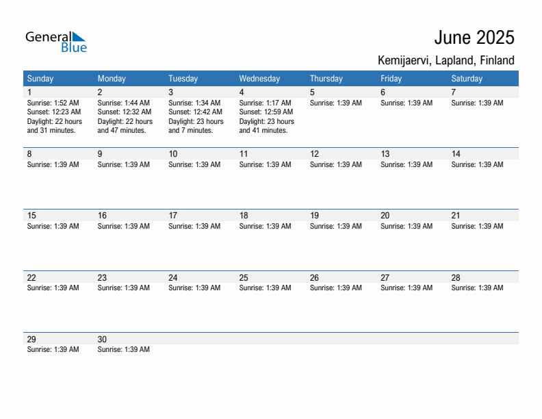 Kemijaervi June 2025 sunrise and sunset calendar in PDF, Excel, and Word