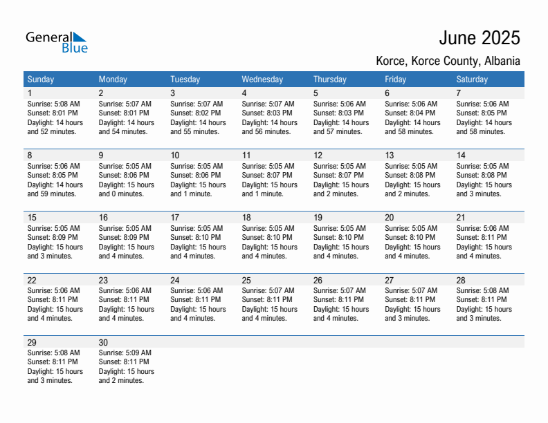 Korce June 2025 sunrise and sunset calendar in PDF, Excel, and Word