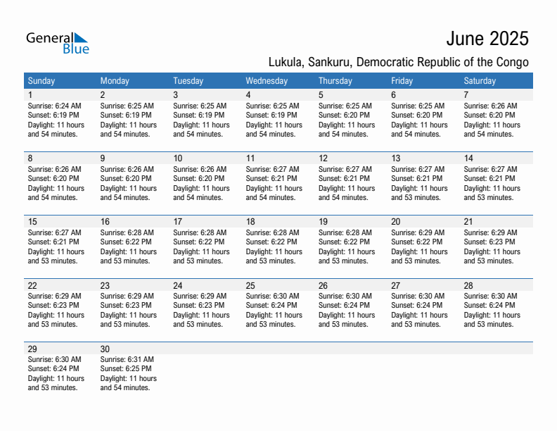 Lukula June 2025 sunrise and sunset calendar in PDF, Excel, and Word