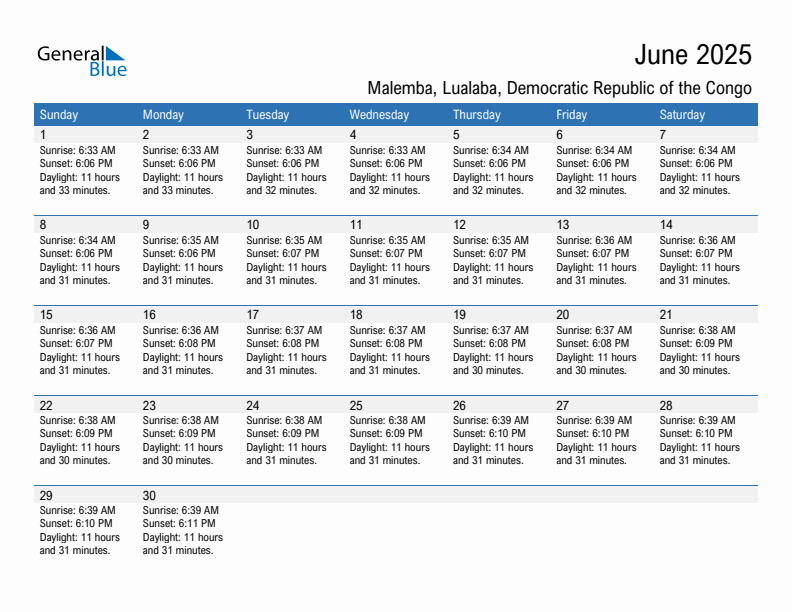 Malemba June 2025 sunrise and sunset calendar in PDF, Excel, and Word