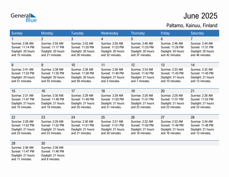 Paltamo June 2025 sunrise and sunset calendar in PDF, Excel, and Word