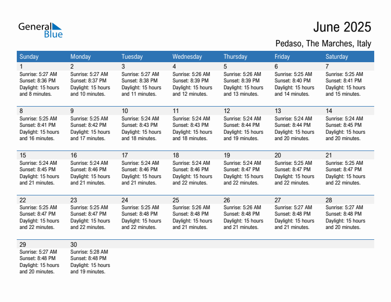 Pedaso June 2025 sunrise and sunset calendar in PDF, Excel, and Word