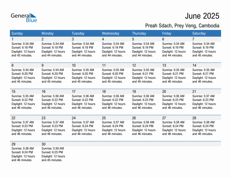 Preah Sdach June 2025 sunrise and sunset calendar in PDF, Excel, and Word