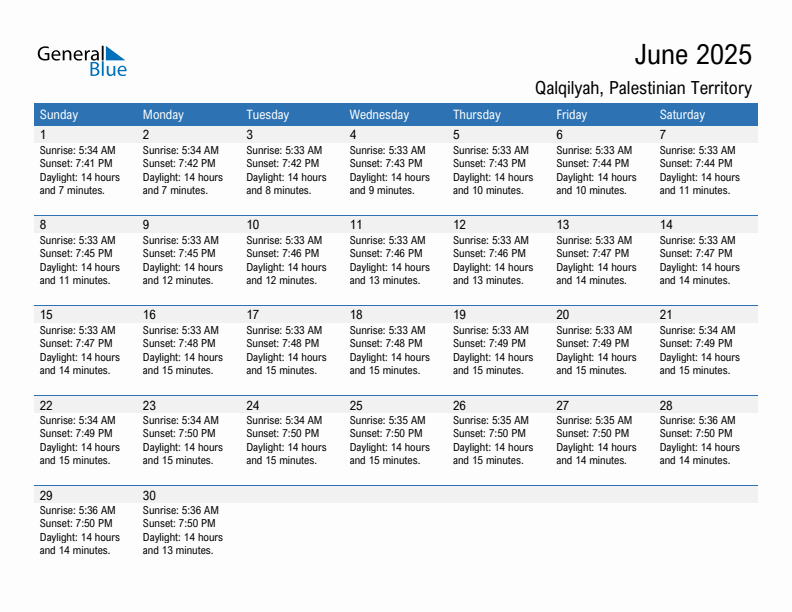 Qalqilyah June 2025 sunrise and sunset calendar in PDF, Excel, and Word