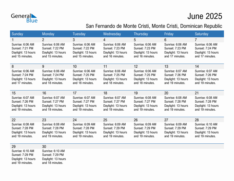 San Fernando de Monte Cristi June 2025 sunrise and sunset calendar in PDF, Excel, and Word