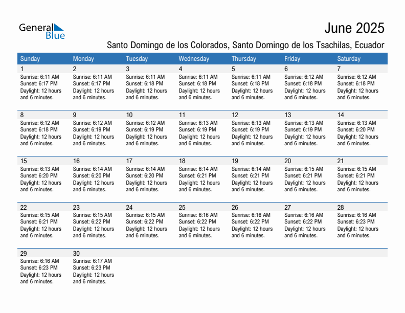 Santo Domingo de los Colorados June 2025 sunrise and sunset calendar in PDF, Excel, and Word