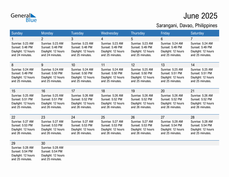 Sarangani June 2025 sunrise and sunset calendar in PDF, Excel, and Word