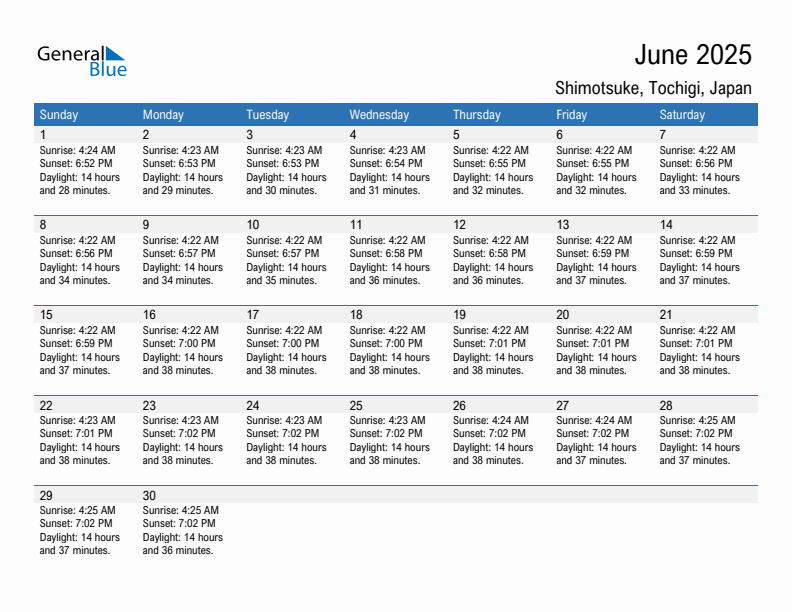 Shimotsuke June 2025 sunrise and sunset calendar in PDF, Excel, and Word