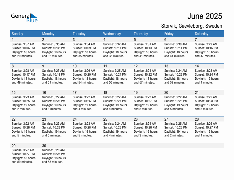 Storvik June 2025 sunrise and sunset calendar in PDF, Excel, and Word