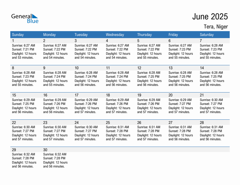 Tera June 2025 sunrise and sunset calendar in PDF, Excel, and Word