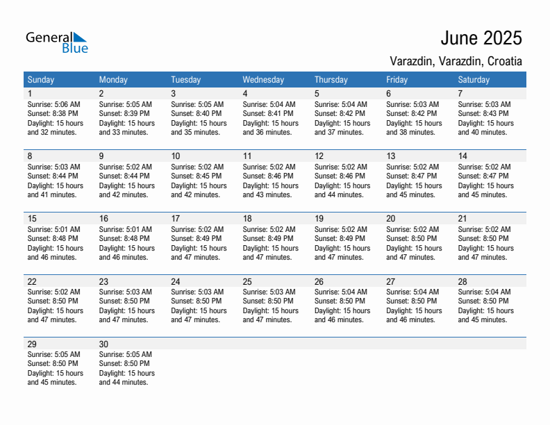 Varazdin June 2025 sunrise and sunset calendar in PDF, Excel, and Word