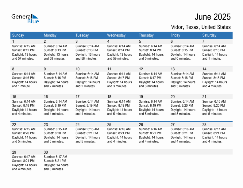 Vidor June 2025 sunrise and sunset calendar in PDF, Excel, and Word