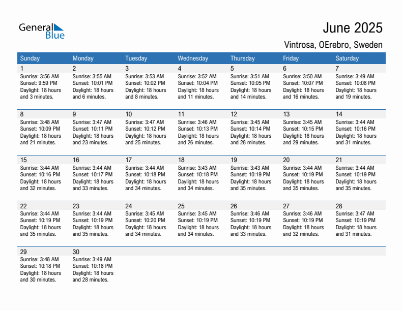 Vintrosa June 2025 sunrise and sunset calendar in PDF, Excel, and Word