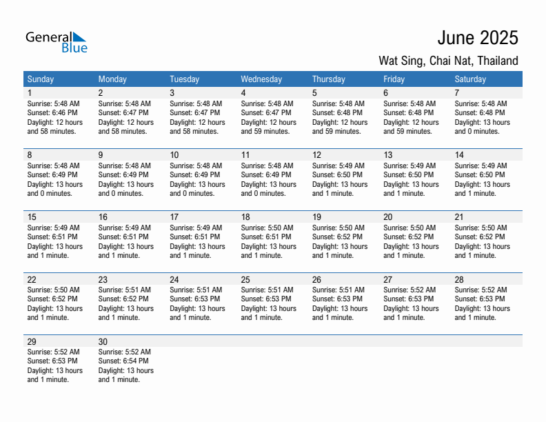 Wat Sing June 2025 sunrise and sunset calendar in PDF, Excel, and Word