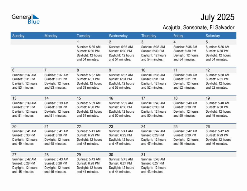 Acajutla July 2025 sunrise and sunset calendar in PDF, Excel, and Word