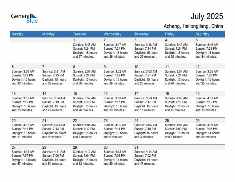 Acheng July 2025 sunrise and sunset calendar in PDF, Excel, and Word