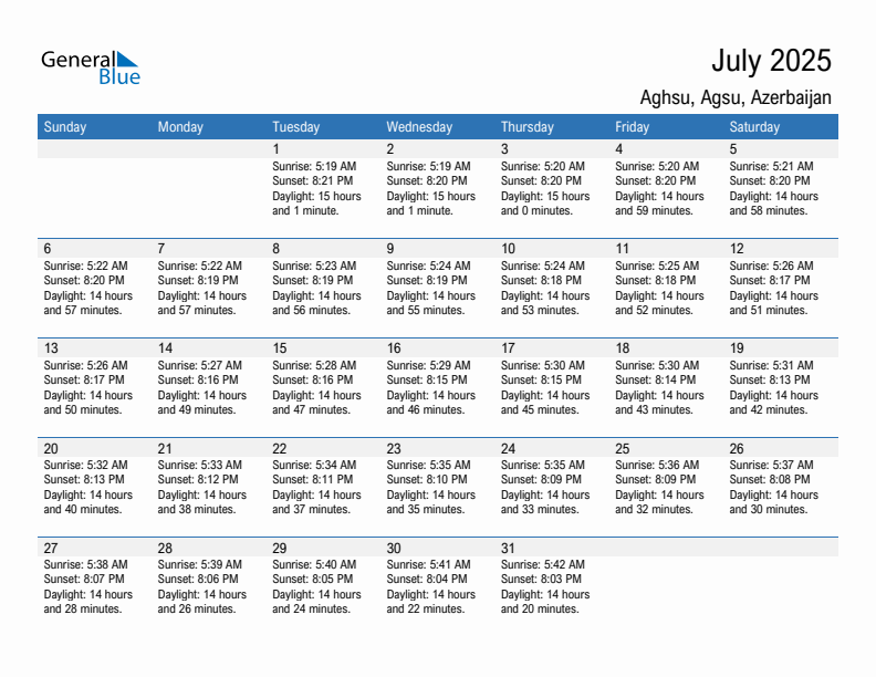 Aghsu July 2025 sunrise and sunset calendar in PDF, Excel, and Word