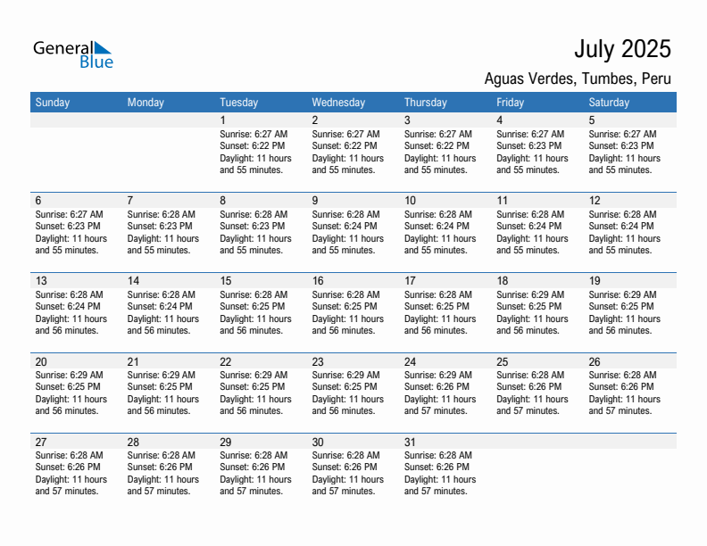 Aguas Verdes July 2025 sunrise and sunset calendar in PDF, Excel, and Word