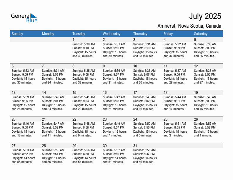 Amherst July 2025 sunrise and sunset calendar in PDF, Excel, and Word