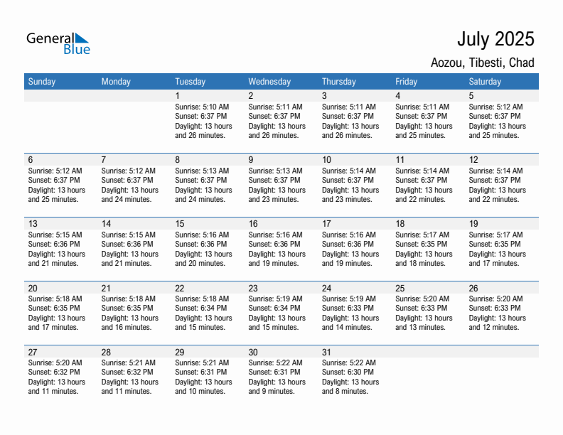 Aozou July 2025 sunrise and sunset calendar in PDF, Excel, and Word