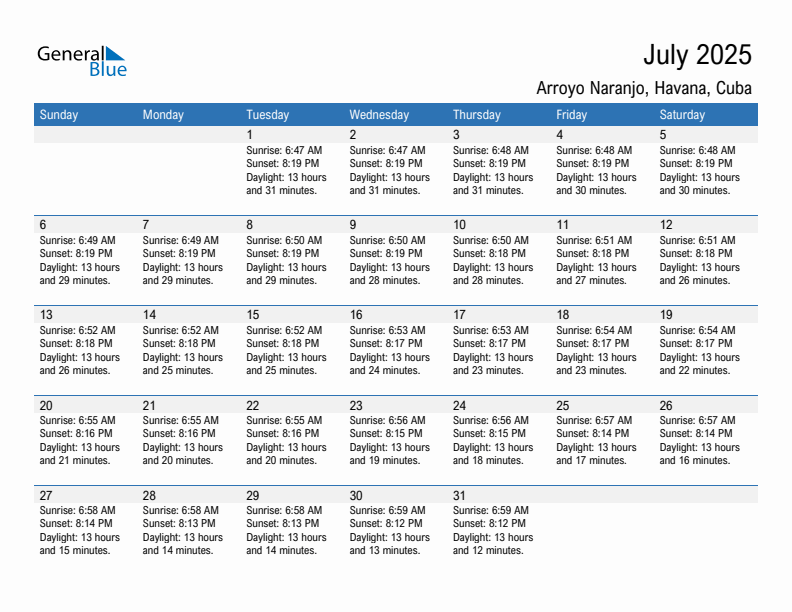 Arroyo Naranjo July 2025 sunrise and sunset calendar in PDF, Excel, and Word