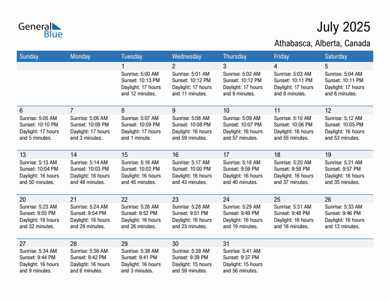 Athabasca July 2025 sunrise and sunset calendar in PDF, Excel, and Word