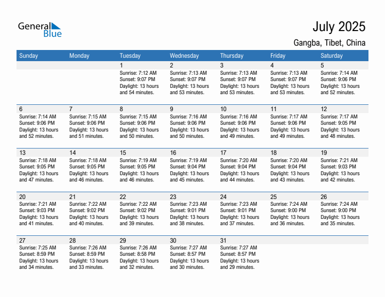 Gangba July 2025 sunrise and sunset calendar in PDF, Excel, and Word